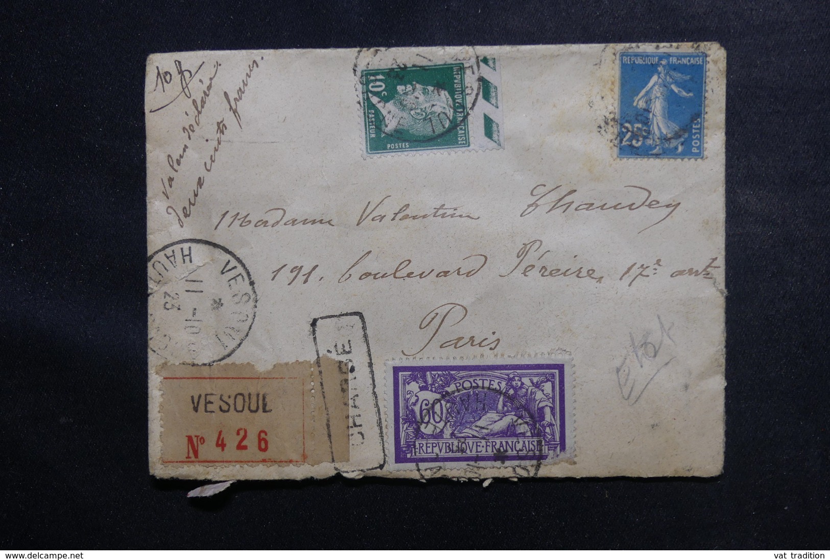 FRANCE - Enveloppe En Valeurs Déclarées De Vesoul Pour Paris En 1923 , Affranc. Merson / Semeuse / Pasteur - L 46888 - 1921-1960: Période Moderne