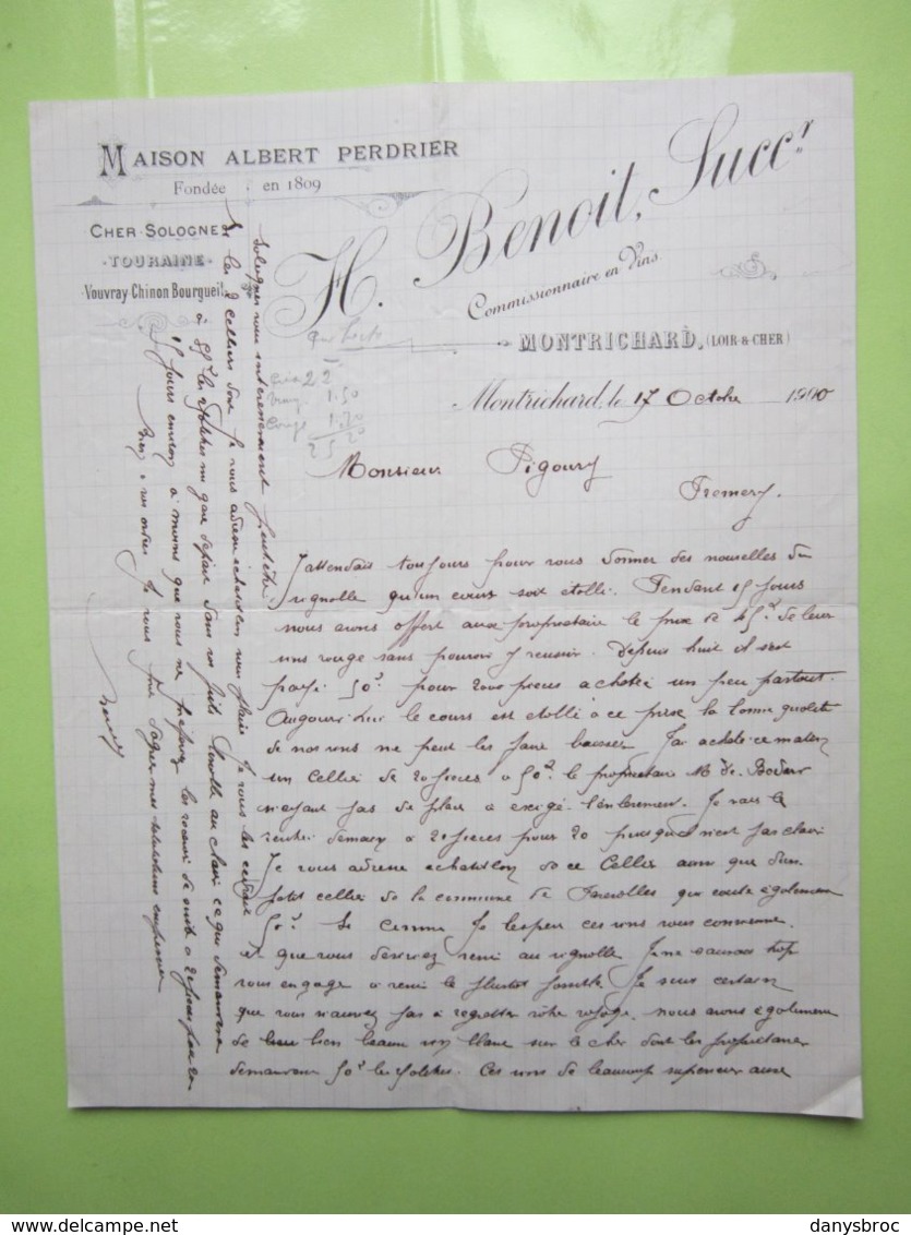 Maison ALBERT PERDRIER - H.Benoit, Succr à MONTRICHARD (41) Lettre Du 17/10/1900 Signé - Alimentaire