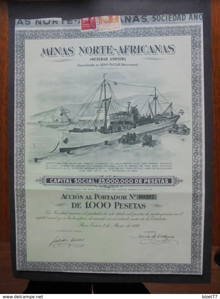 MAROC - BENI-ENZAR 1956 - MINAS NORTE-AFRICANAS - ACTION DE 1000 PESETAS - BELLE DECO - Other & Unclassified