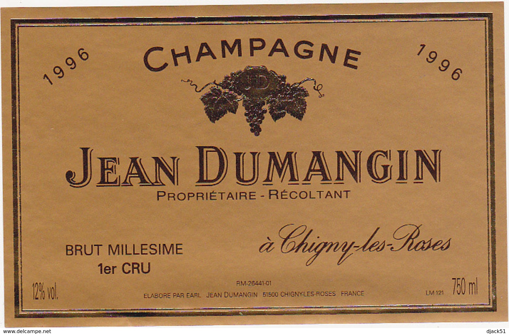 Etiquette Champagne MILLESIME 1er Cru - 1996 - JEAN DUMANGIN à Chigny-les-Roses (51) / 750 Ml - Champagne