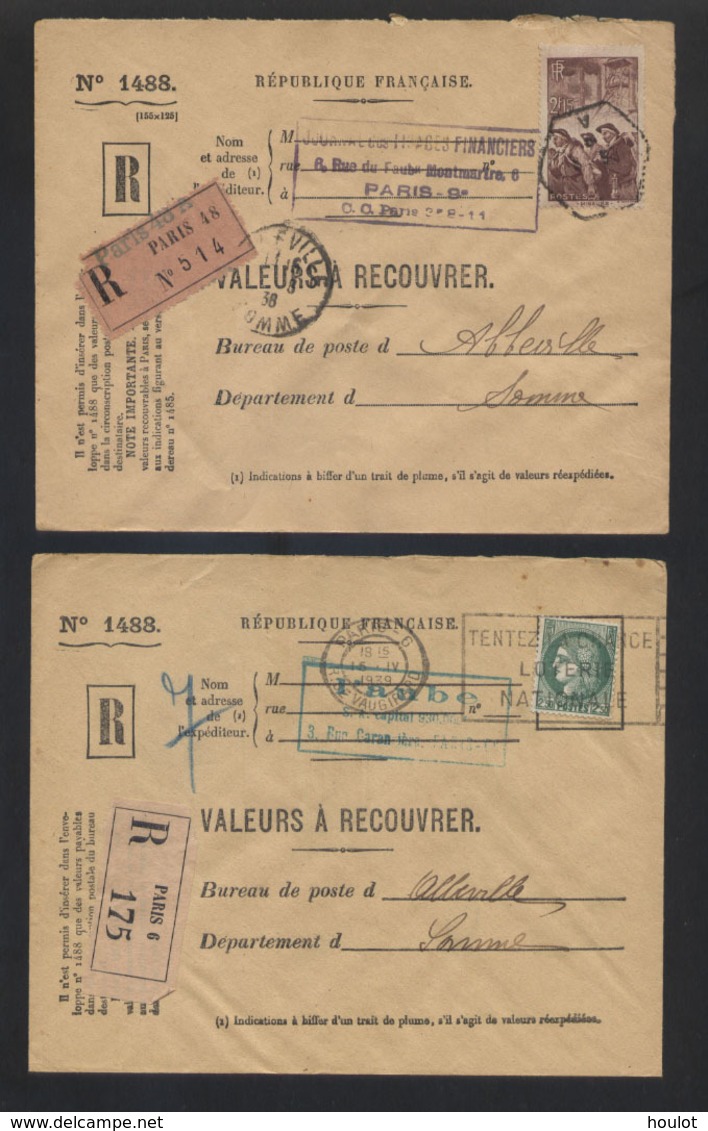 2 Lettre De Valeurs À Recouvrer; 1. Paris Apres Abbeville / Somme Et 2. Bligny Apres Abbeville / Somme , De Obliteration - 1921-1960: Moderne