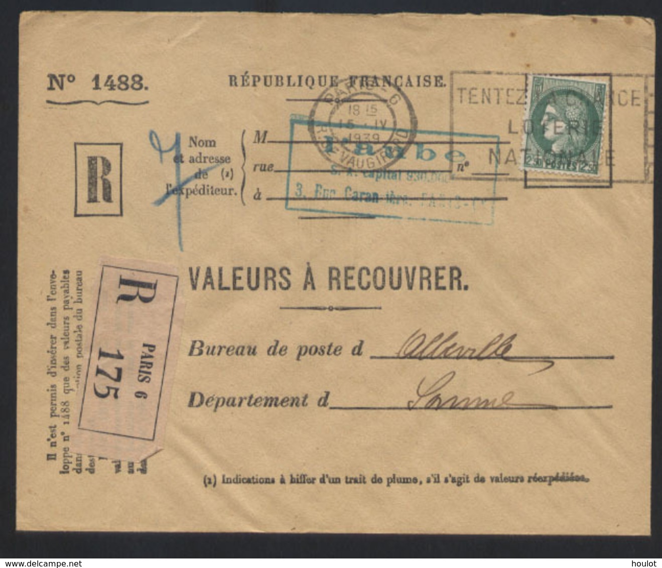 2 Lettre De Valeurs À Recouvrer; 1. Paris Apres Abbeville / Somme Et 2. Bligny Apres Abbeville / Somme , De Obliteration - 1921-1960: Moderne