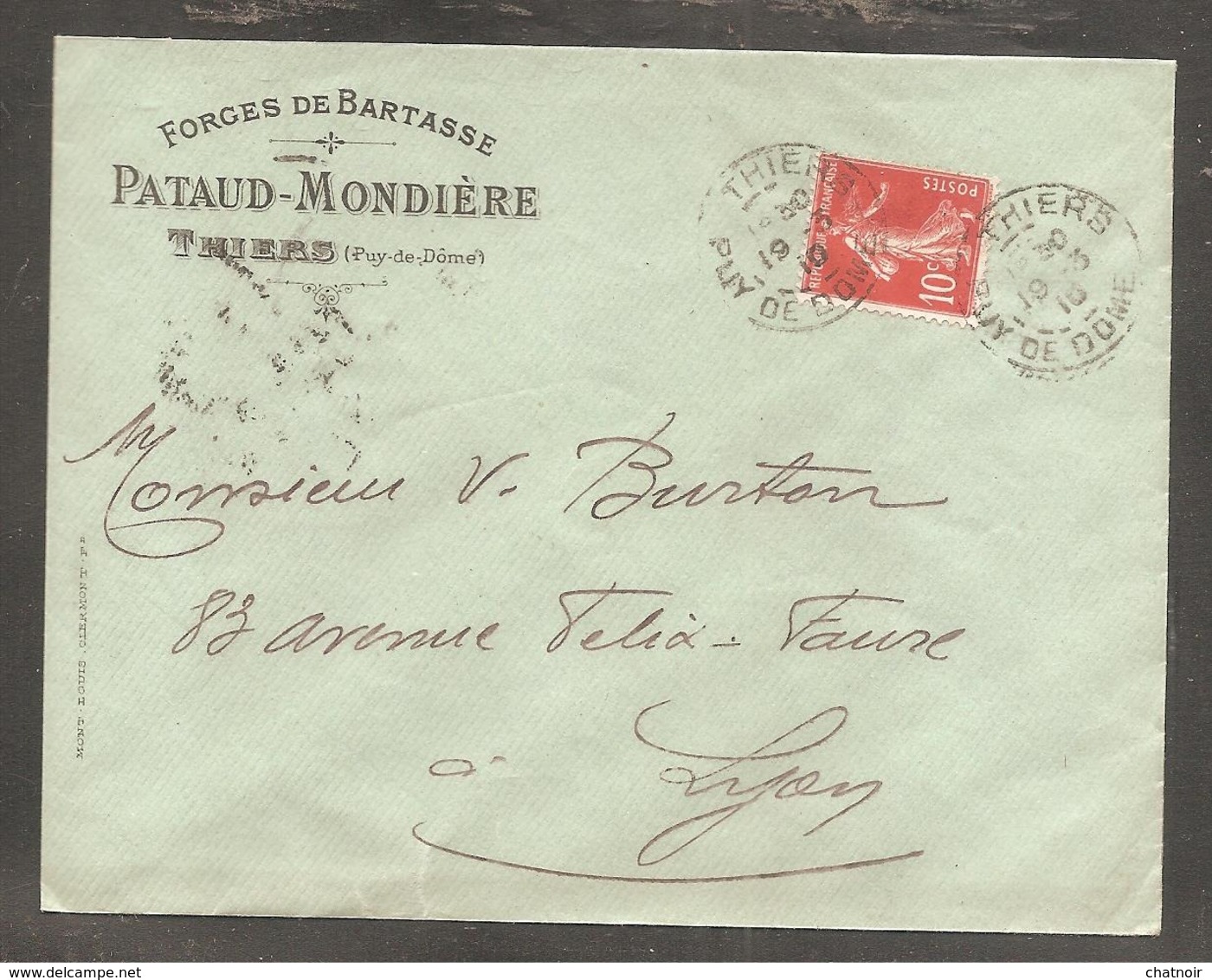 Enveloppe  Forges De Bartasse   10c Semeuse  Oblit  THIERS   PUY DE DOME  1910 - 1906-38 Sower - Cameo