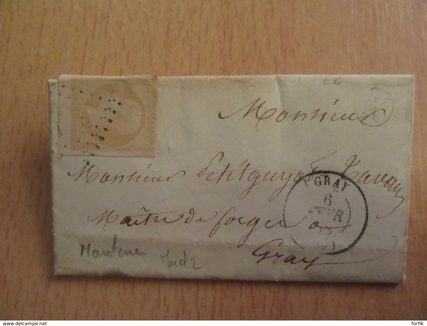 Timbre Napoléon III Non-dentelé 10c YT 13A Sur Lettre - Impression Défectueuse De 1857 Citron - Circulé En 1858 - 1849-1876: Classic Period