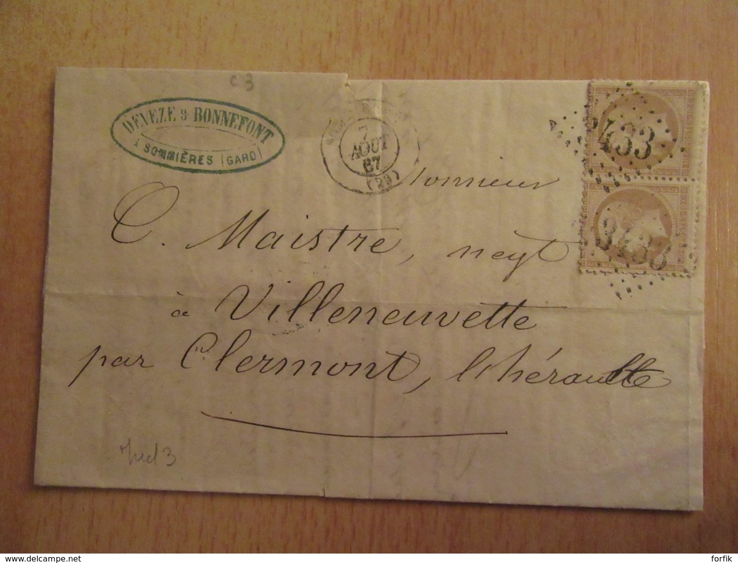 Timbre Napoléon III 10c YT 21 Sur Lettre - Ob. GC 2433 Sommières Vers Villeneuvette - 1867 - 1849-1876: Classic Period