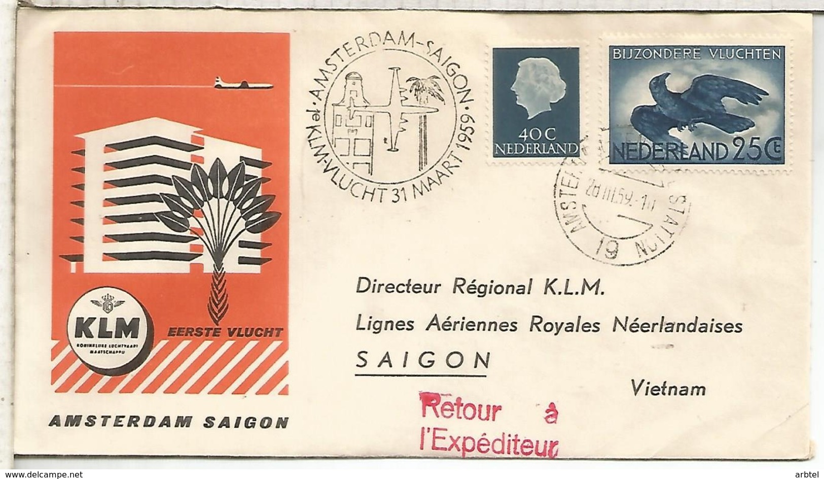 HOLANDA 1959 PRIMER VUELO KLM AMSTERDAM SAIGON AL DORSO LLEGADA - Correo Aéreo