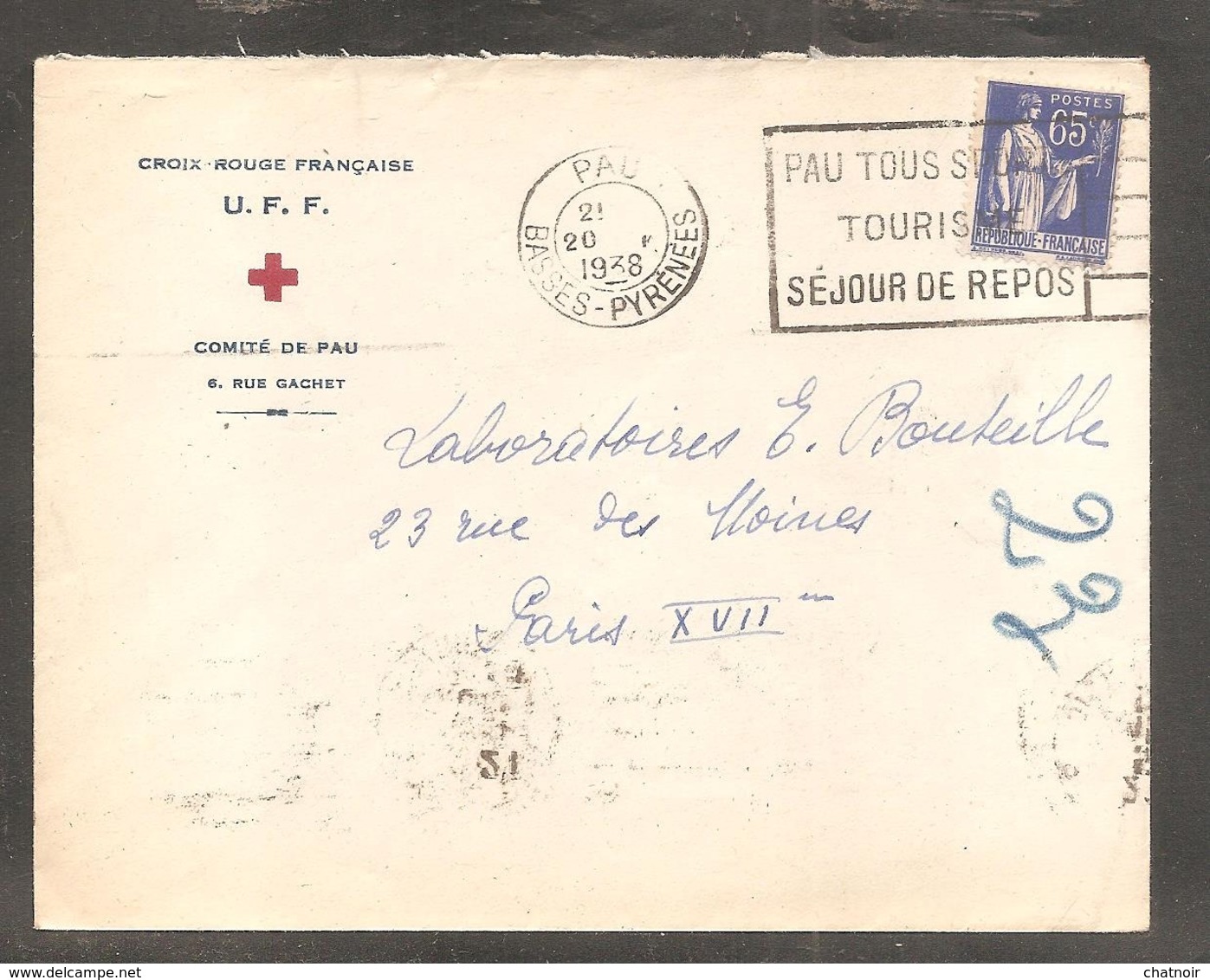 Enveloppe Croix Rouge Francaise  Comite De PAU  65c Paix Oblit  PAU  1938 - 1932-39 Peace