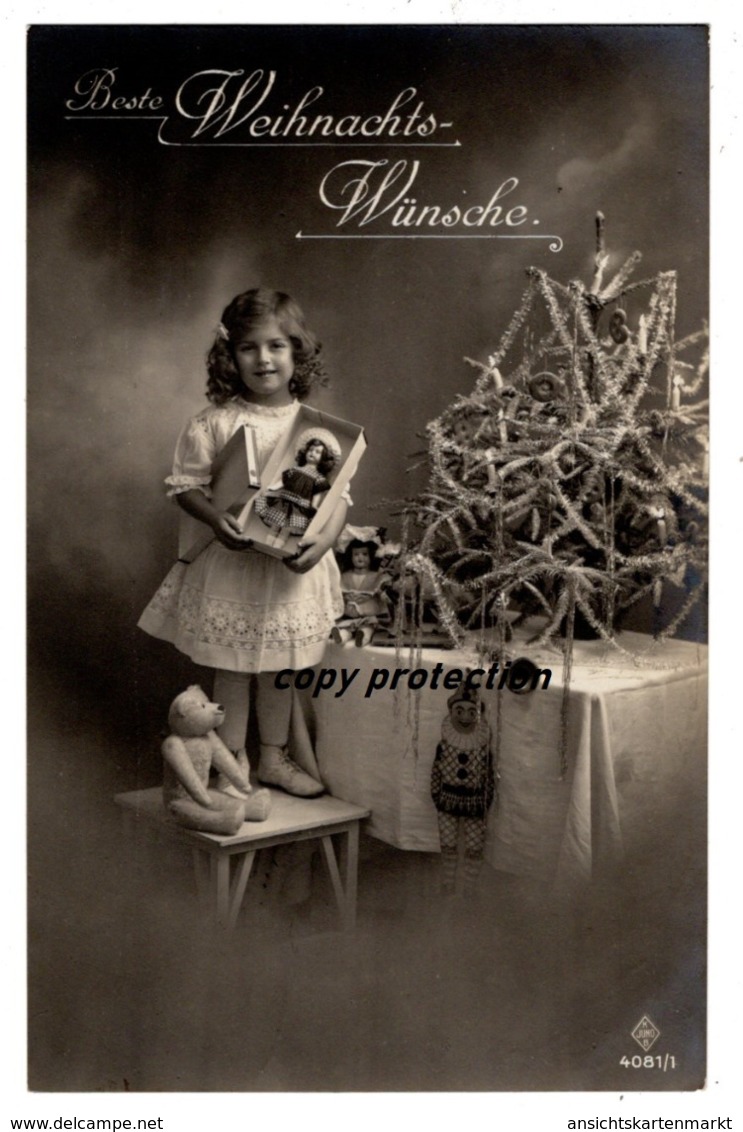 Beste Weihnachts Wünsche, Weihnachten, Spielzeug, Puppe, Teddy Bär, Weihnachtsbaum, Alte Postkarte 1919 - Sonstige & Ohne Zuordnung