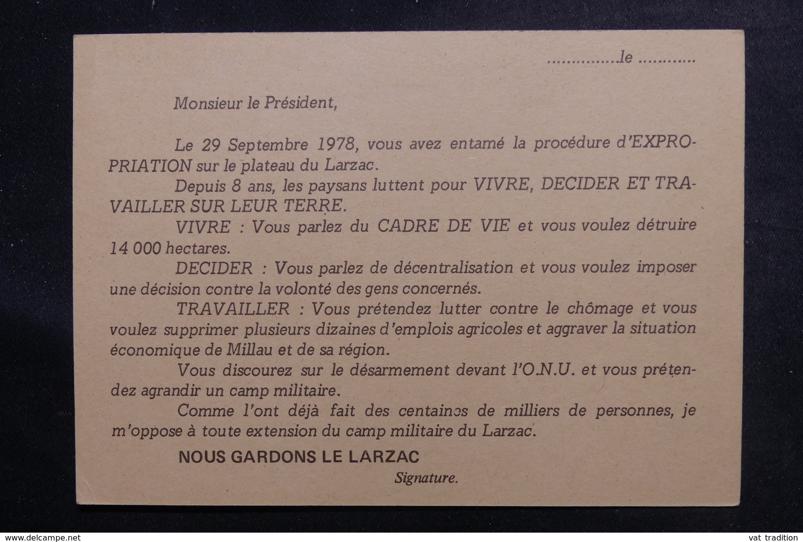 FRANCE - Carte Postale En Franchise Postale Du Comité Du Larzac En 1978 Le Palais De L 'Elysée,  Non Circulé - L 46906 - 1961-....