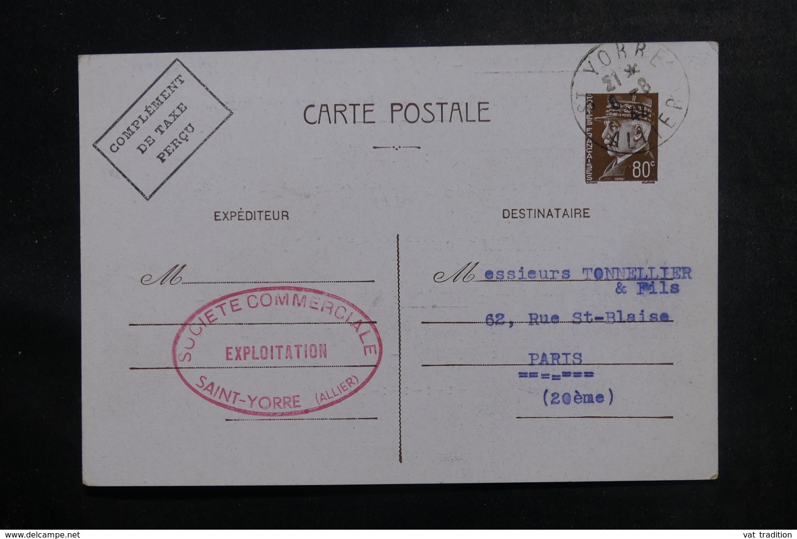 FRANCE - Entier Postal Type Pétain De Saint Yorre Pour Paris En 1942 - L 46918 - Cartes Postales Types Et TSC (avant 1995)