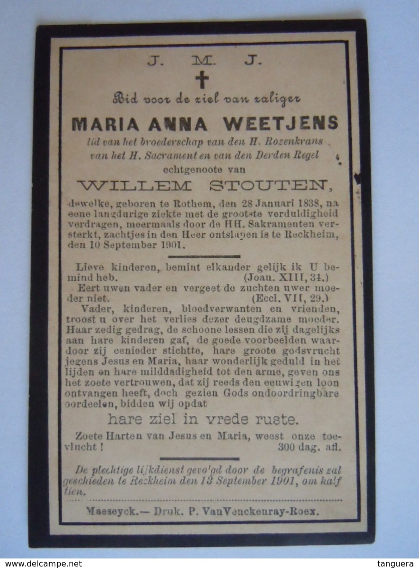 Doodsprentje Maria Anna Weetjens Rothem 1838 Reckheim 1901 Echtg Willem Stouten - Devotion Images