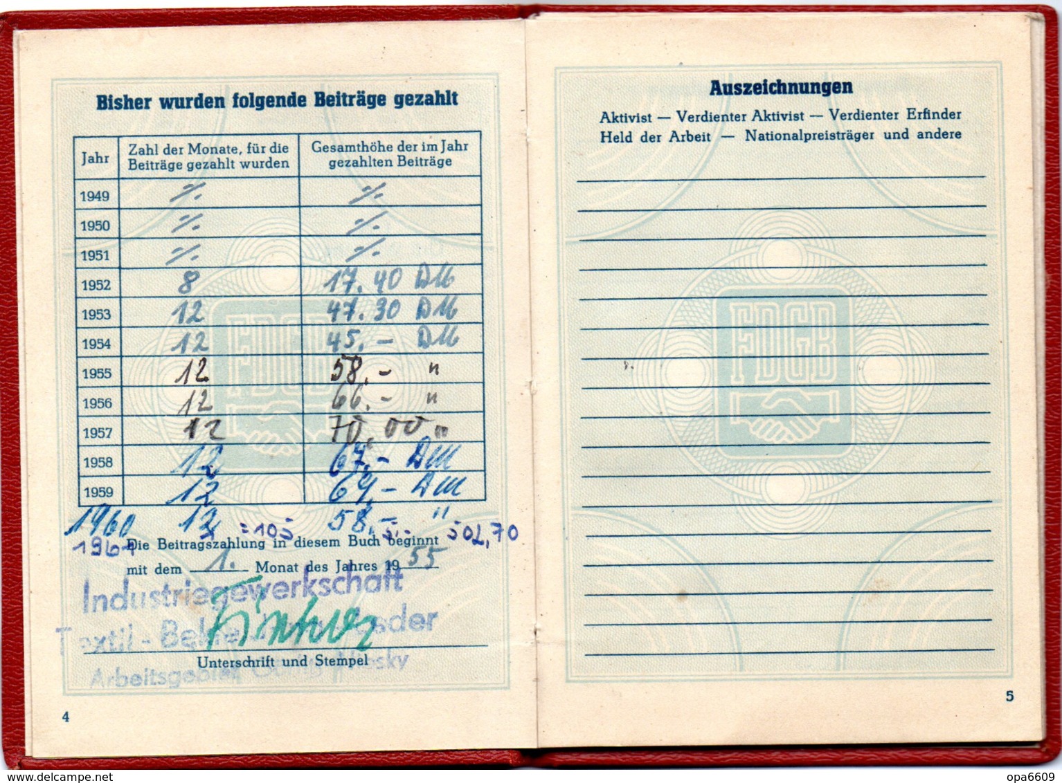 (Kart-ZD) DDR MITGLIEDSBUCH "FDGB - Freier Deutscher Gewerkschaftsbund" Ausgest. Görlitz 20.1.1955 Bis 1960 - Historische Dokumente