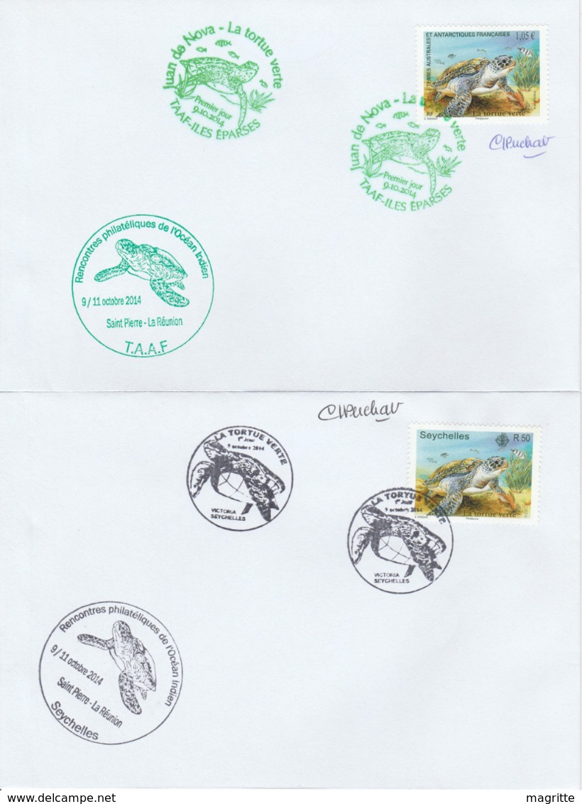 La Tortue Verte Emission Commune 2014 FDC 's Comores France Madagascar Maurice Seychelles TAAF Green Turtle - Joint Issues