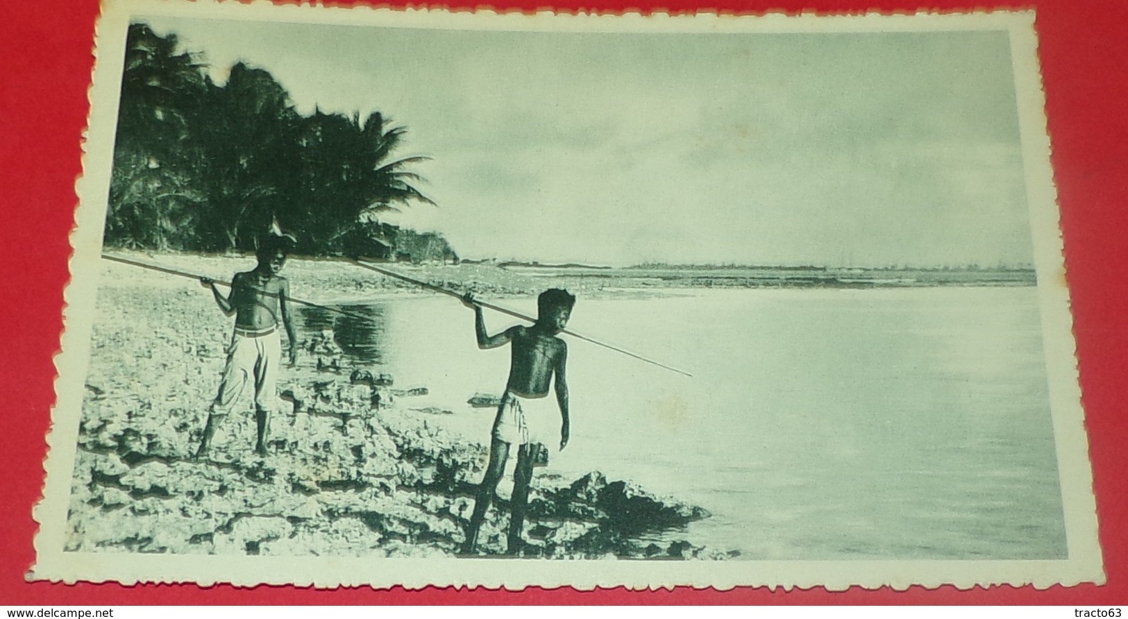 CARTE POSTALE OCEANIE:CAROLINES, DRESSES SUR LE RECIF DE CORAIL CES PETITS CANAQUES GUETTENT LE POISSON,  ETAT VOIR PHOT - Mikronesien