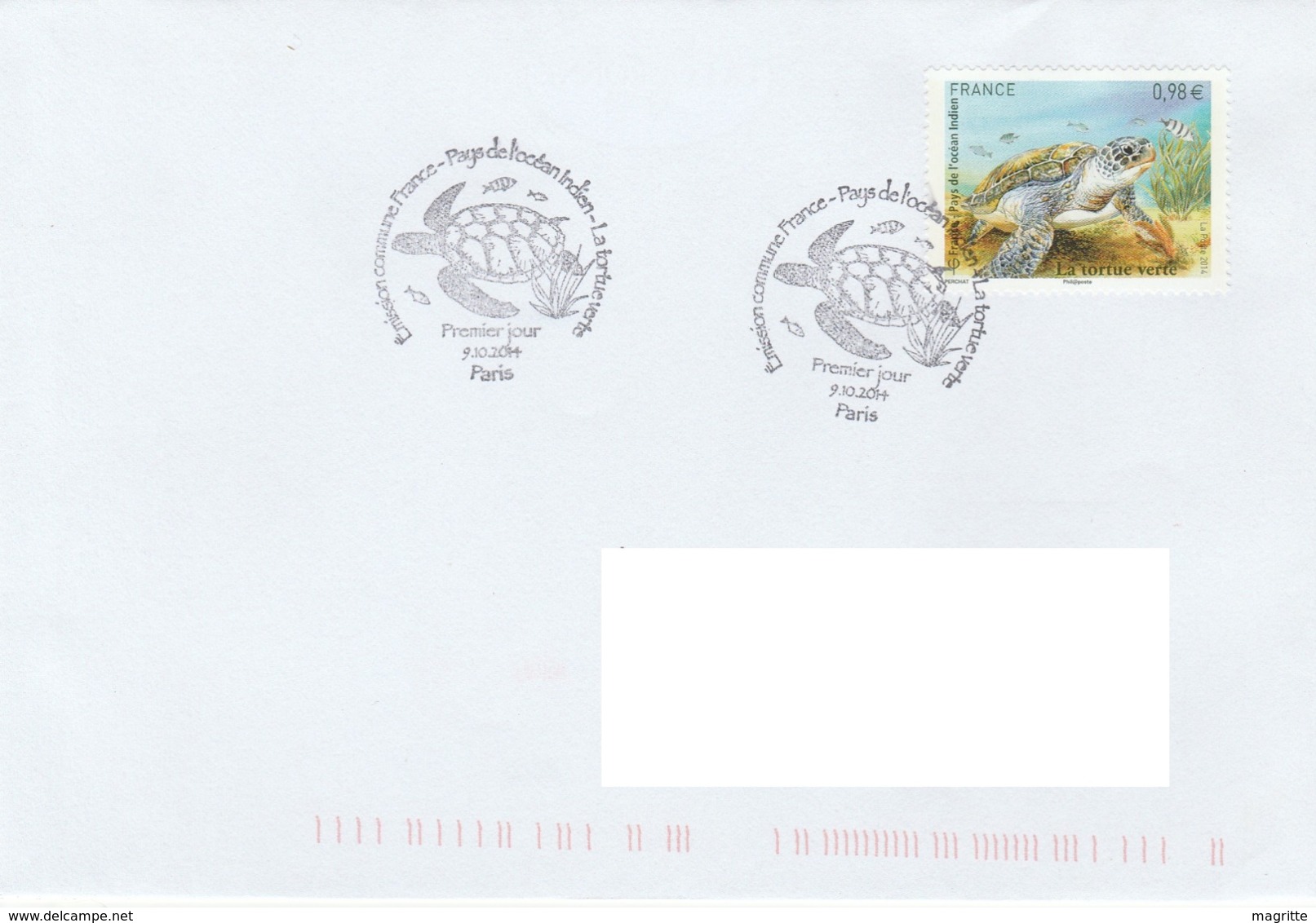 France 2014 FDC Voyagée Tortue Verte Emission Commune  Comores  Madagascar Maurice Seychelles TAAF Green Turtle - Joint Issues