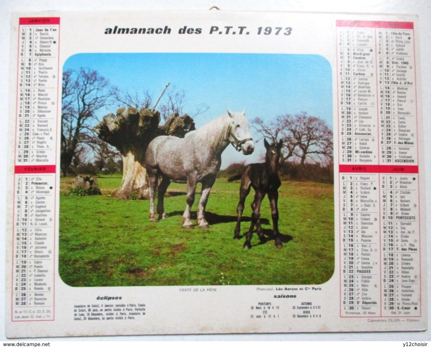 CALENDRIER 1973 ALMANACH DES PTT CHEVAUX CHEVAL POULAIN JEUNES PECHEURS PECHE POISSON CHIEN SHETLAND BORDER COLLIE - Big : 1971-80