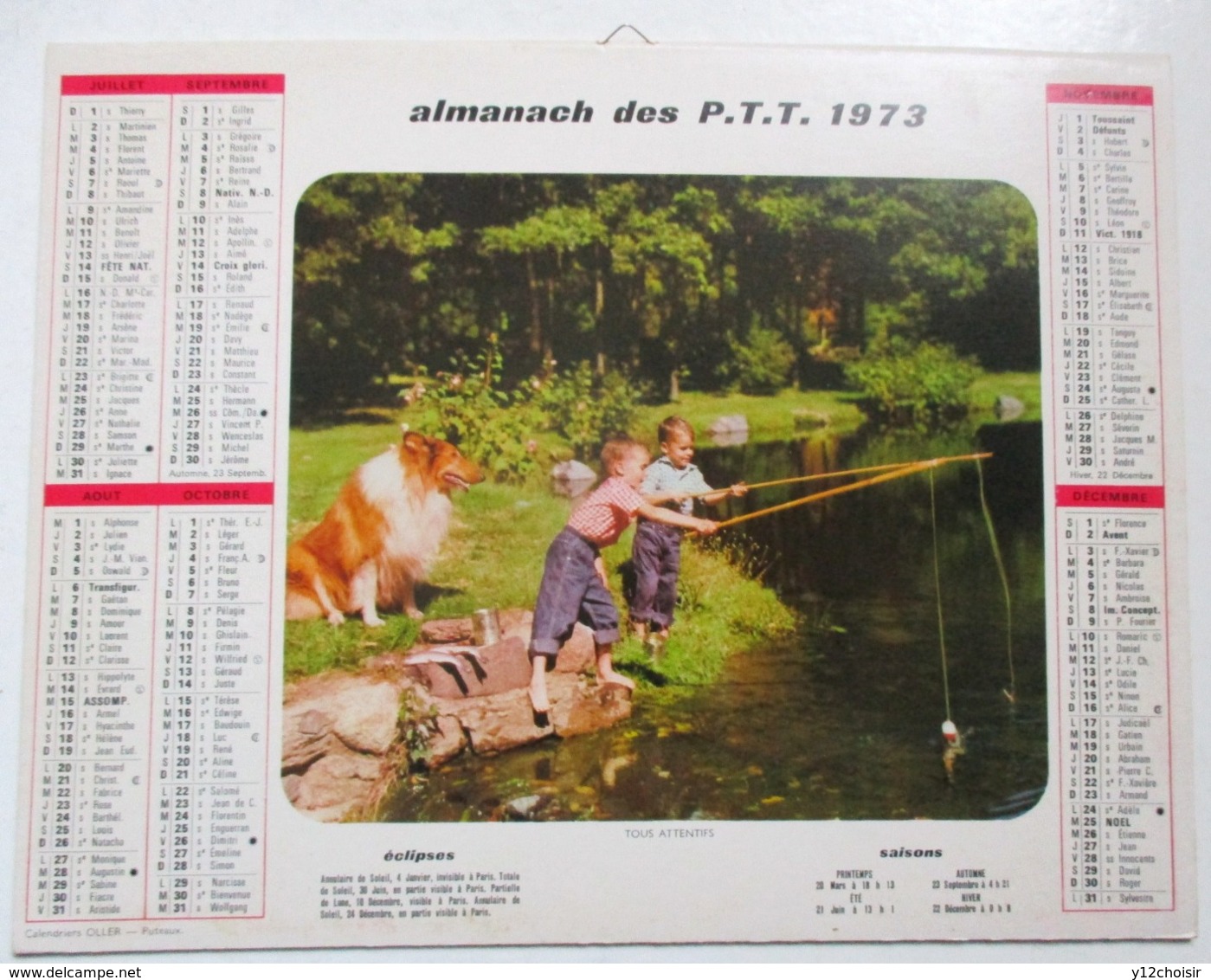 CALENDRIER 1973 ALMANACH DES PTT CHEVAUX CHEVAL POULAIN JEUNES PECHEURS PECHE POISSON CHIEN SHETLAND BORDER COLLIE - Grand Format : 1971-80