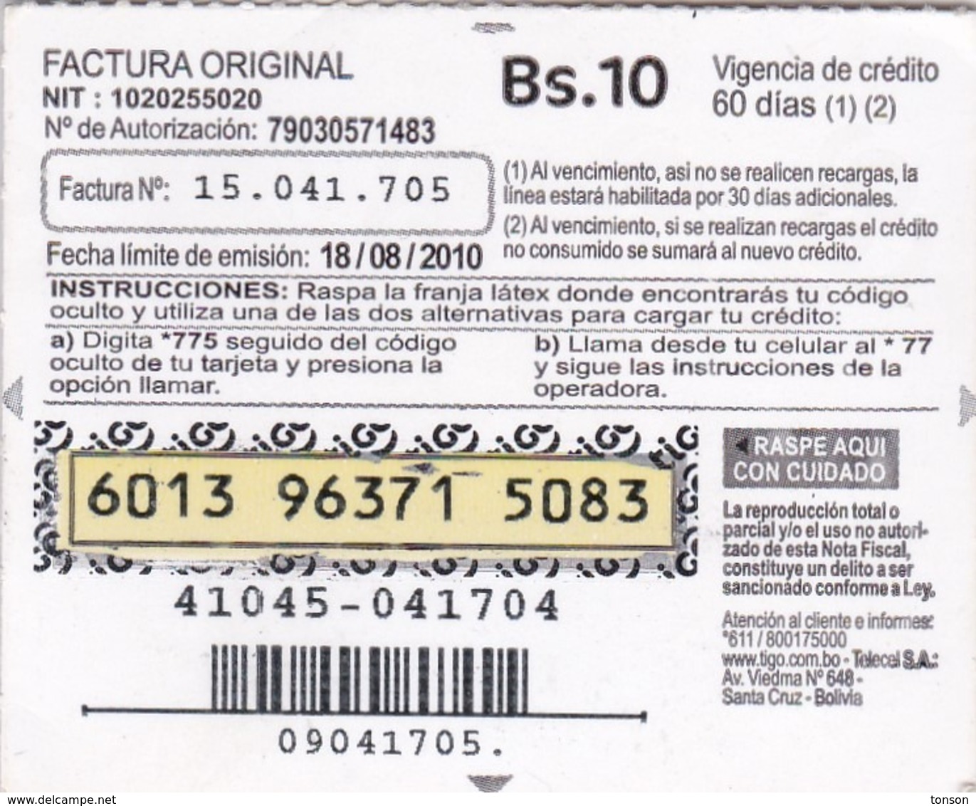 Bolivia, BO-Tigo-16, Realiza Tu Proxima Carga + Tigo Logo, Blue, 2 Scans. - Bolivia