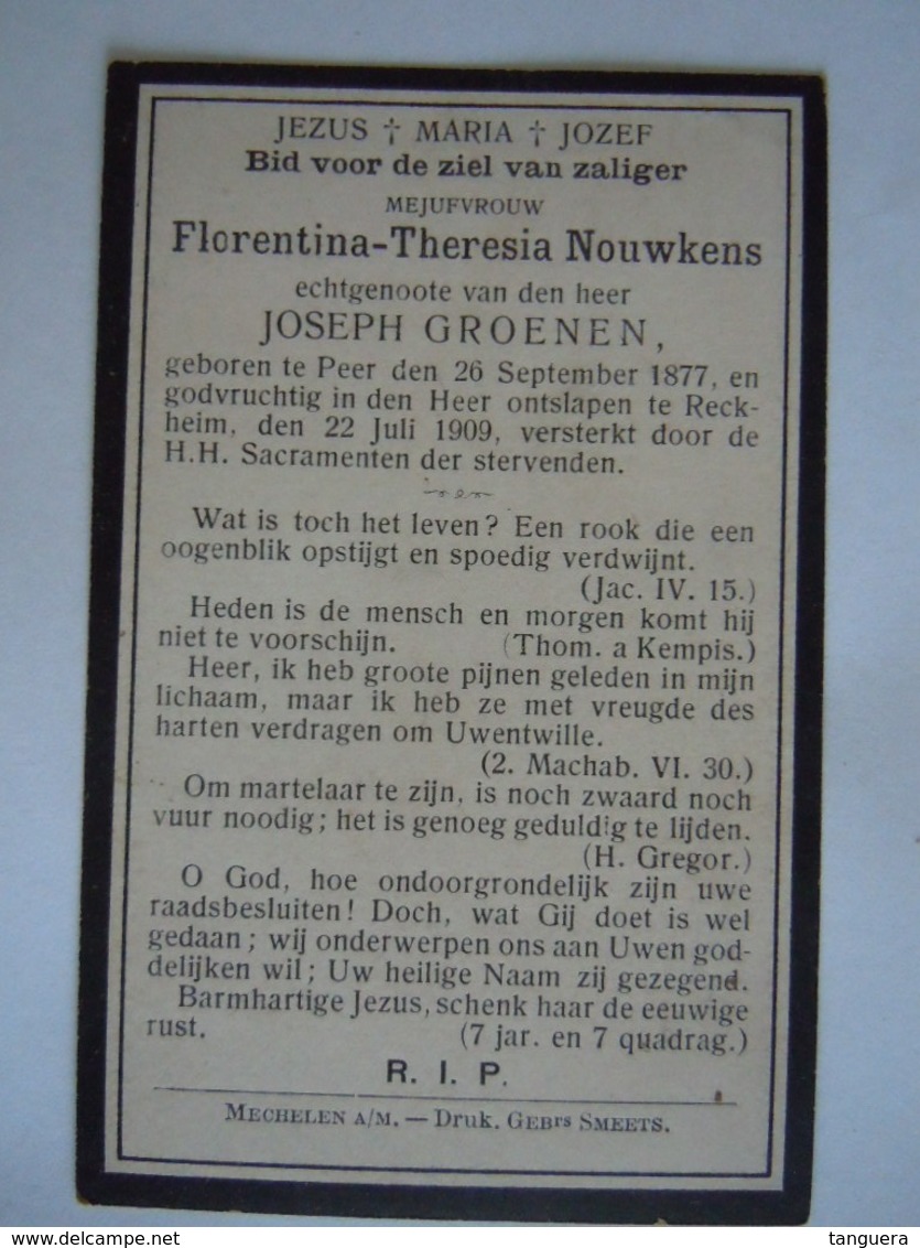 Doodsprentje Florentina-Theresia Nouwkens Peer 1877 Reckheim 1909 Echtg Joseph Groenen - Andachtsbilder