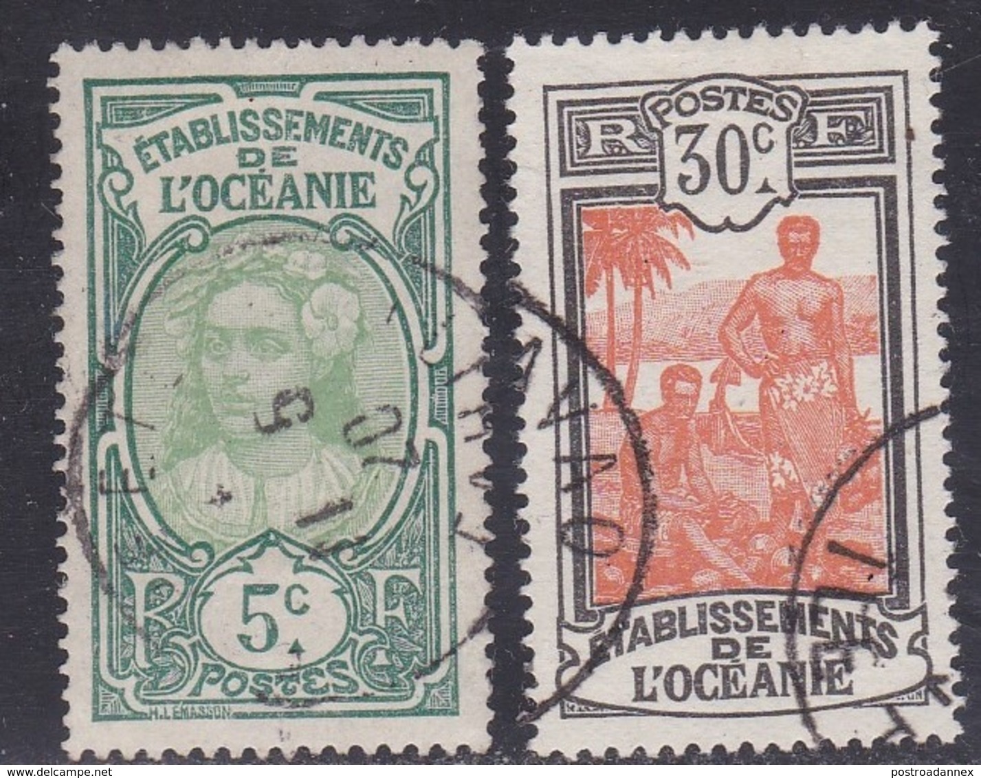 French Oceania, Scott #24, 37, Used, Tahitian Girl, Kanakas, Issued 1913 - Oblitérés