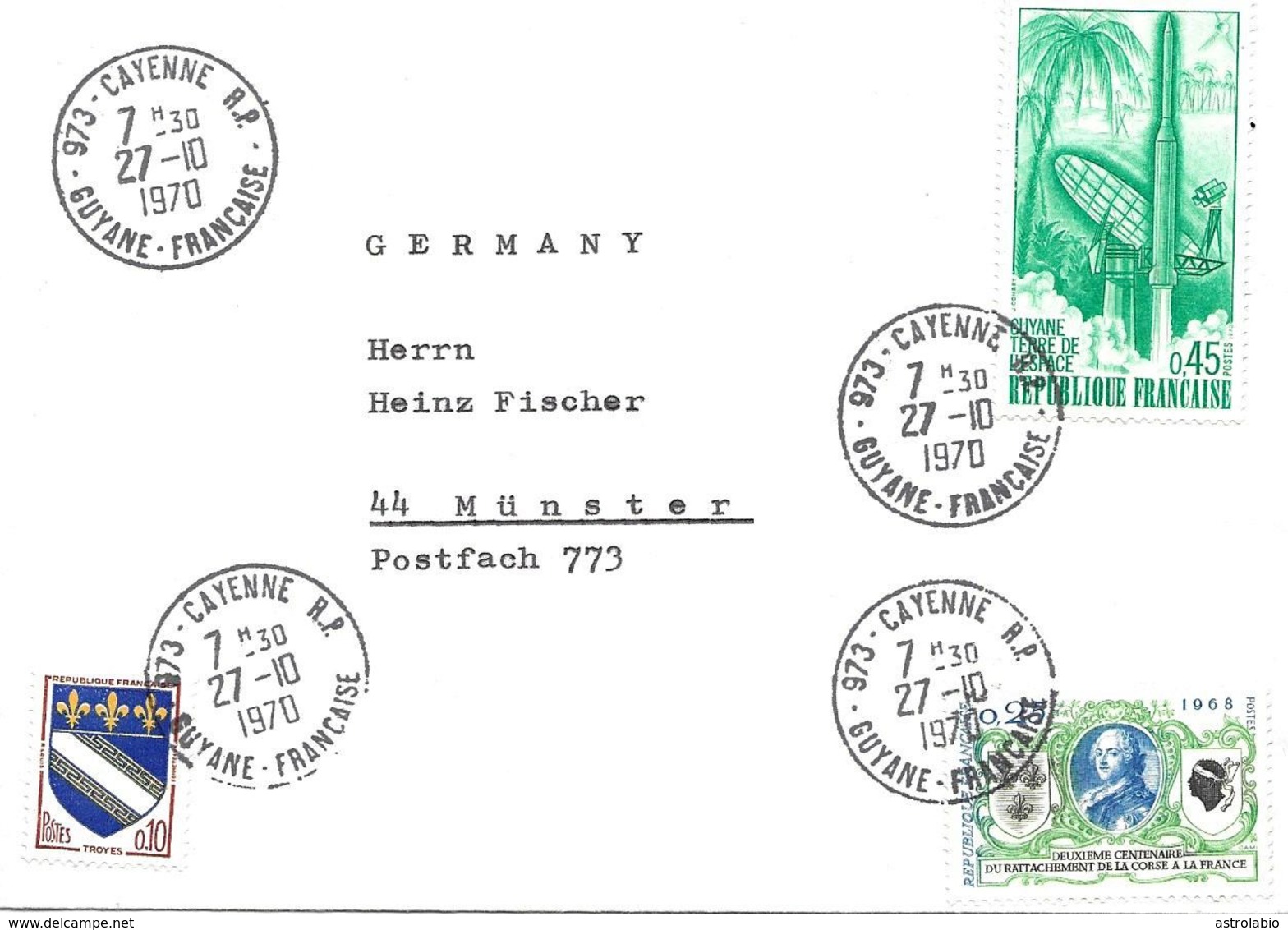 Guyane Terre De L'Espace Vers Allemagne 1970 Lettre, Cover, Brief. - Amérique Du Sud