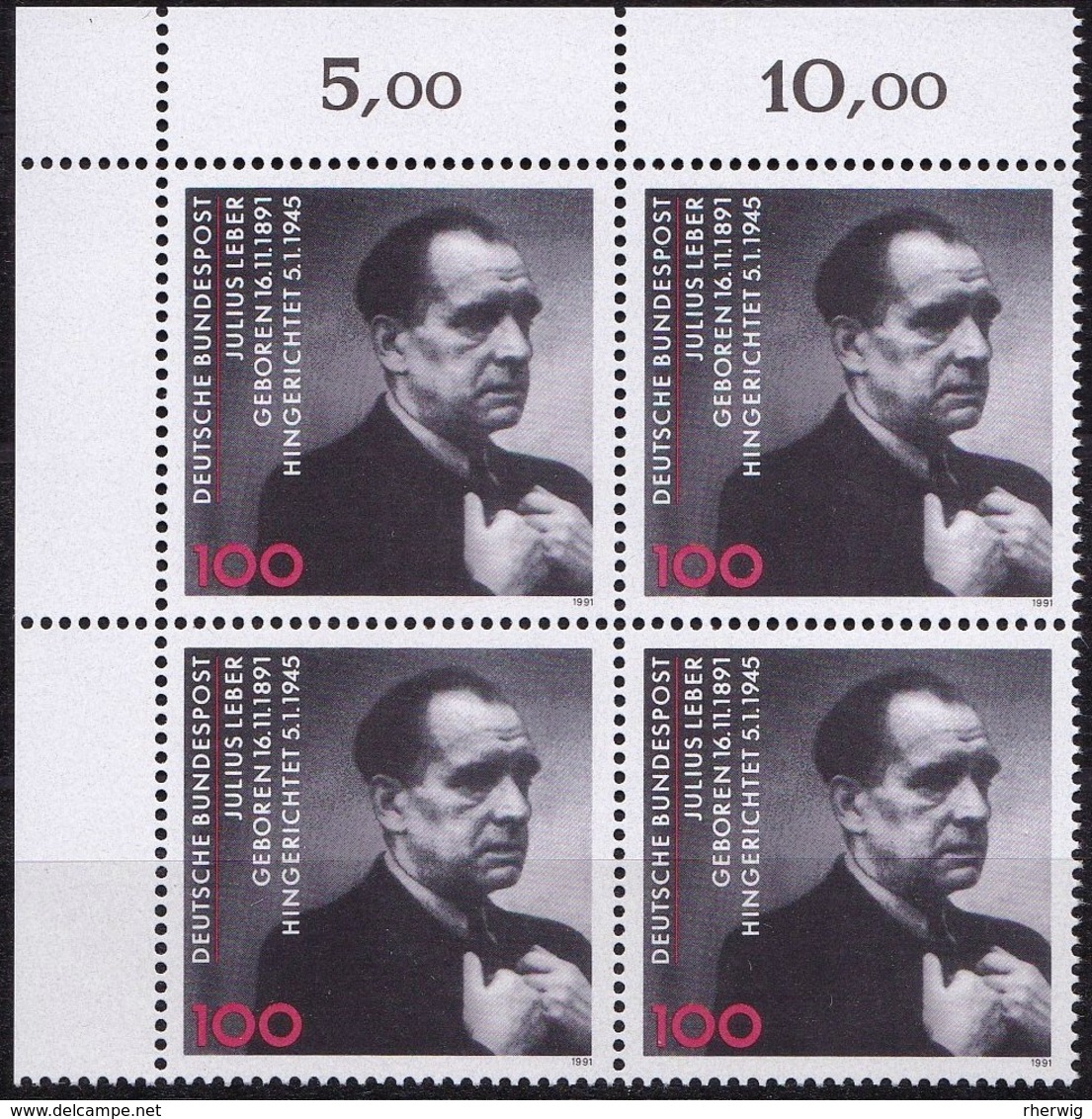 BRD, 1991 Nr. 1574 **,  Viererblock Mit Eckrand Oben Links, "Julius Leber" - Neufs