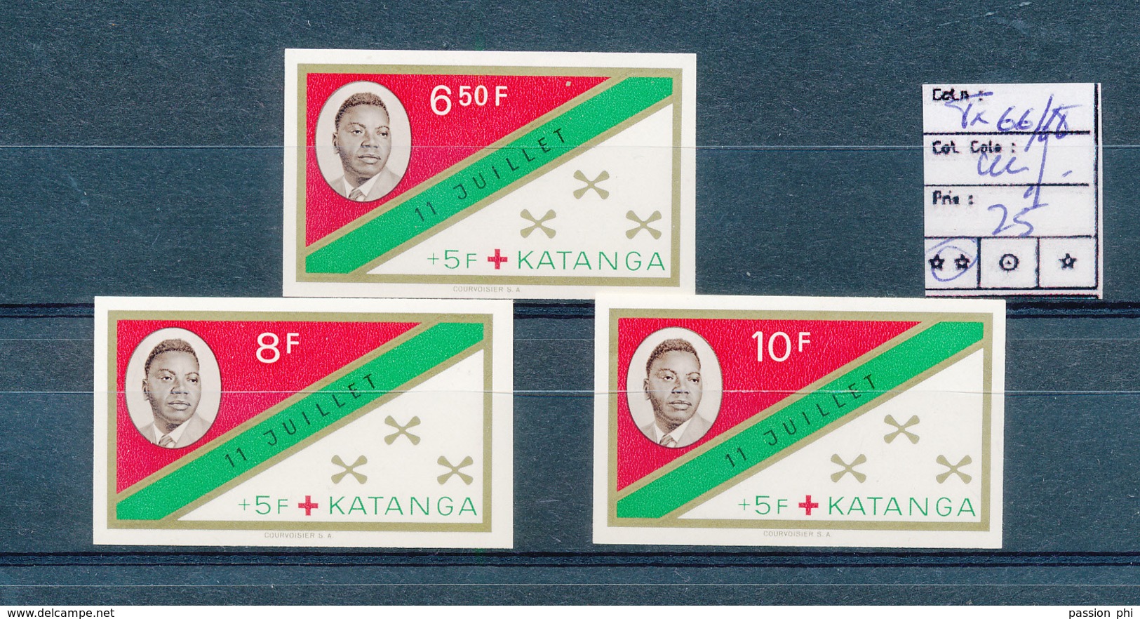 KATANGA TSHOMBE FLAG RED CROSS SET COB 66/68 IMPERFORATED MNH - Katanga