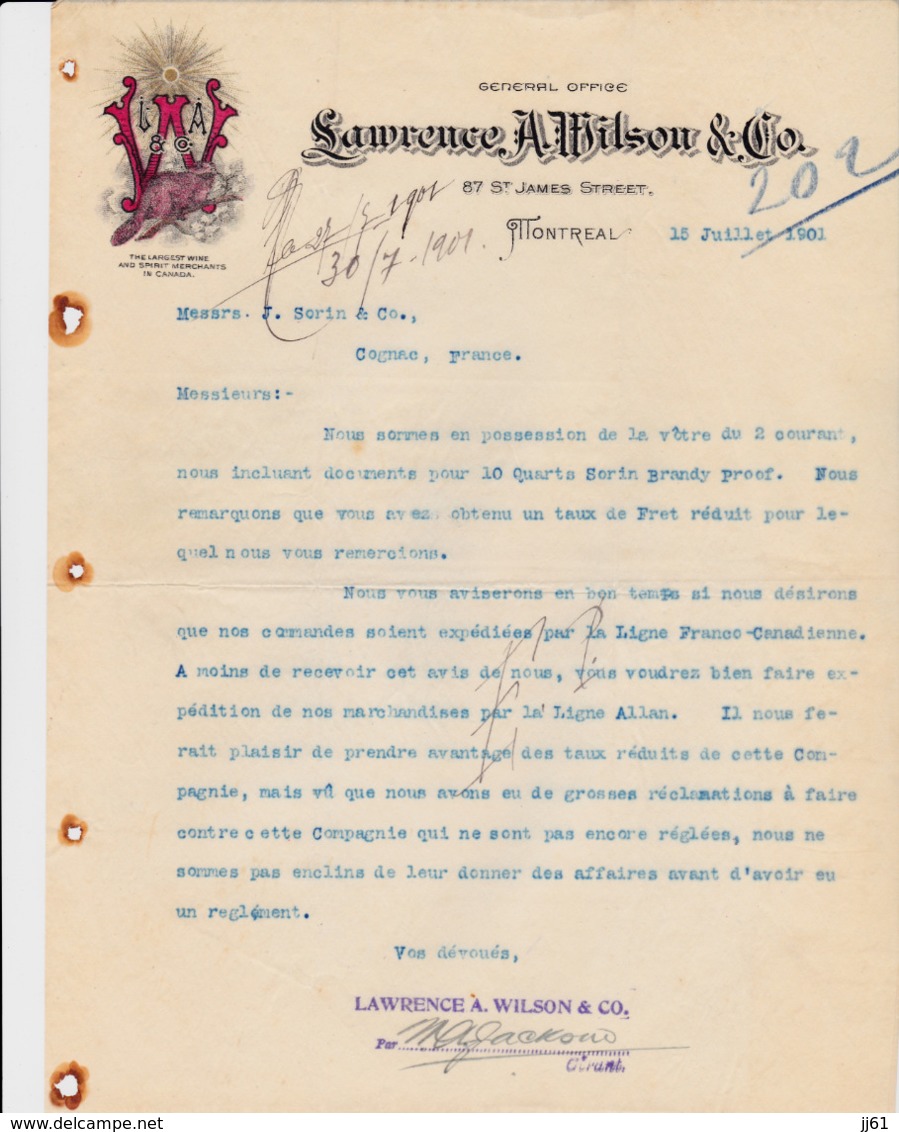 MONTREAL GENERAL OFFICE LAURENCE A WILSON LETTRE ENTETE ANIMAL ANNEE 1901 THE LARGEST WINE AND SPIRIT MERCHANTS CANADA - Canada