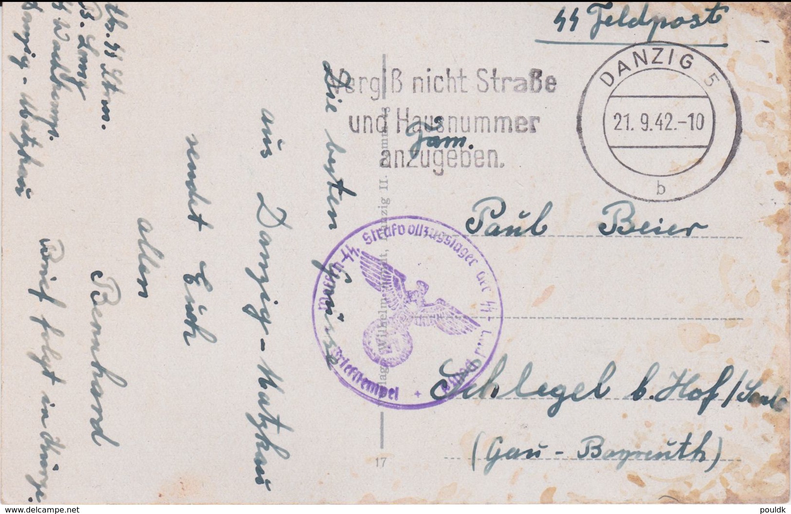 German SS Feldpost WW2: Postcard Danzig From A SS Sturmmann At B.Kompanie At The SS Wachkompanie - Militares