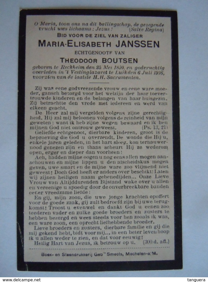 Doodsprentje Marie-Elisabeth Janssen Reckheim 1870 +Vestinglazaret Luik 1916 Echtg Theodoor Boutsen - Andachtsbilder