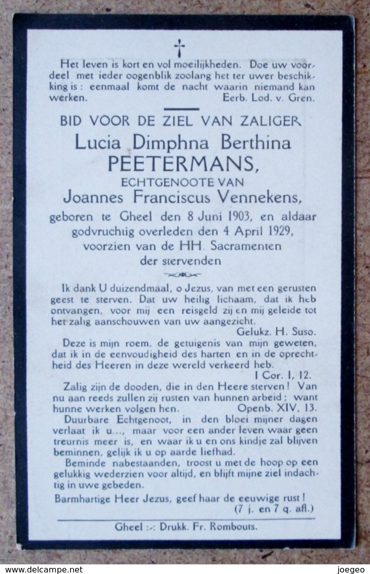 Lucia, Dimphna Berthina Peetermans, Echtgeoote Van Joannes Franciscus Vennekens / Gheel 8/6/1903 - 04/04/1929 - Esquela