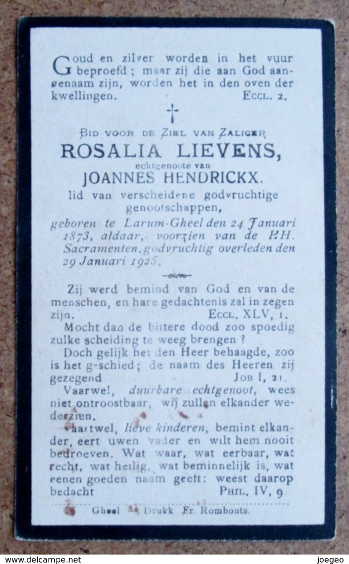 Rosalia Lievens, Echtgenoote Van Joannes Hendrickx / Larum-Gheel 24 Januari 1873 - 29 Januari 1925 - Avvisi Di Necrologio