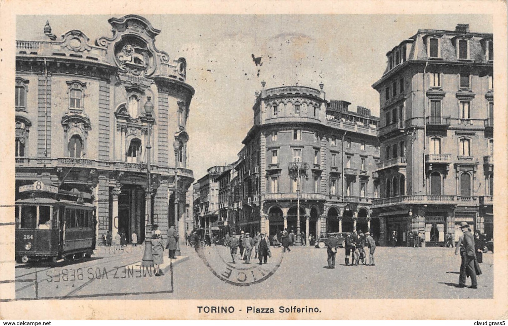 0778 "TORINO - PIAZZA SOLFERINO - GRANDE ALBERGO FIORINA" ANIMATA - TRAMWAY N° 8 - CART. ORIG. SPED. 1931 - Places & Squares