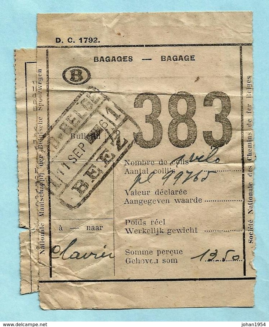 TR240+255+288 Op Bagagedocument, Afst. NORD-BELGE / BEEZ 1 11/09/1946 - Nord Belge