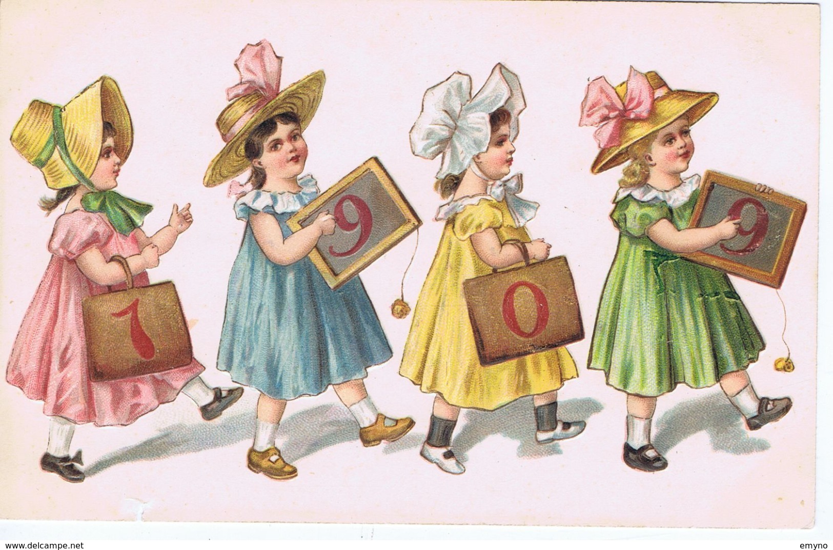 Bonne Année 1909, Gaufrée, Petites Filles, Chapeaux De Paille - Nouvel An