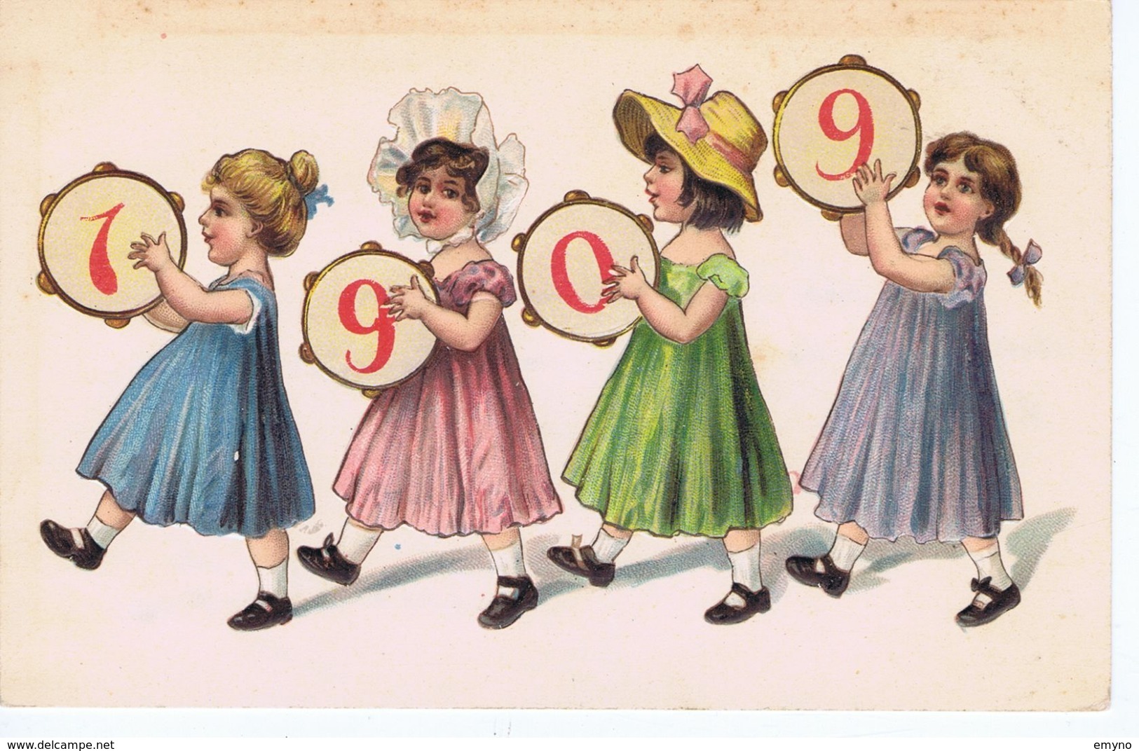 Bonne Année 1909, Gaufrée, Petites Filles, Chapeaux De Paille - Nouvel An