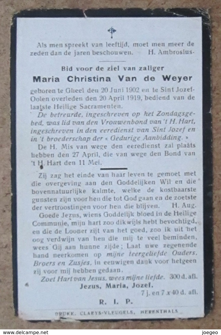 Maria Christina Van De Weyer - Gheel 20 Juni 1902 - Sint Jozef-Oolen 20 April 1919 - Esquela