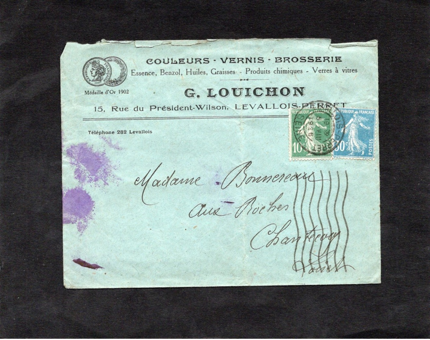 LSC 1926 - Entête Couleurs-Vernis- Brosserie G.LOUICHON à LEVALLOIS PERRET - Au Dos Cachet Perlé CHANTECOQ (Loiret) - 1921-1960: Periodo Moderno