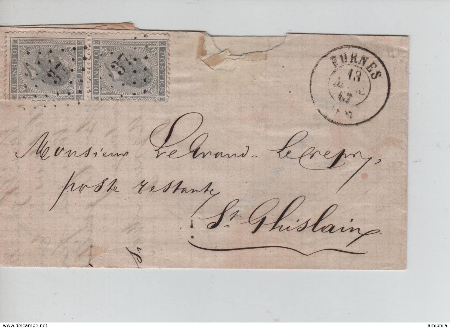 CBPN78/ TP 17 (2) S/LAC C.Furnes 13/3/1867 LOS 37 > St.Ghislain C.d'arrivée Ouverte Avec Rudesse - Postmarks - Points