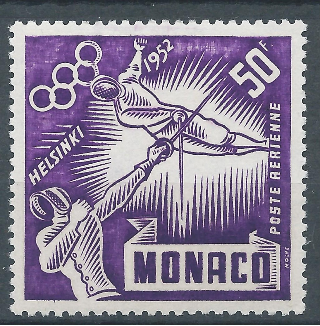 MONACO - 1953 - Poste Aérienne - Y.T. N°52 - 50 F. Violet - Escrime - Jeux Olympiques D'Helsinki - Neuf** - TTB Etat - Poste Aérienne