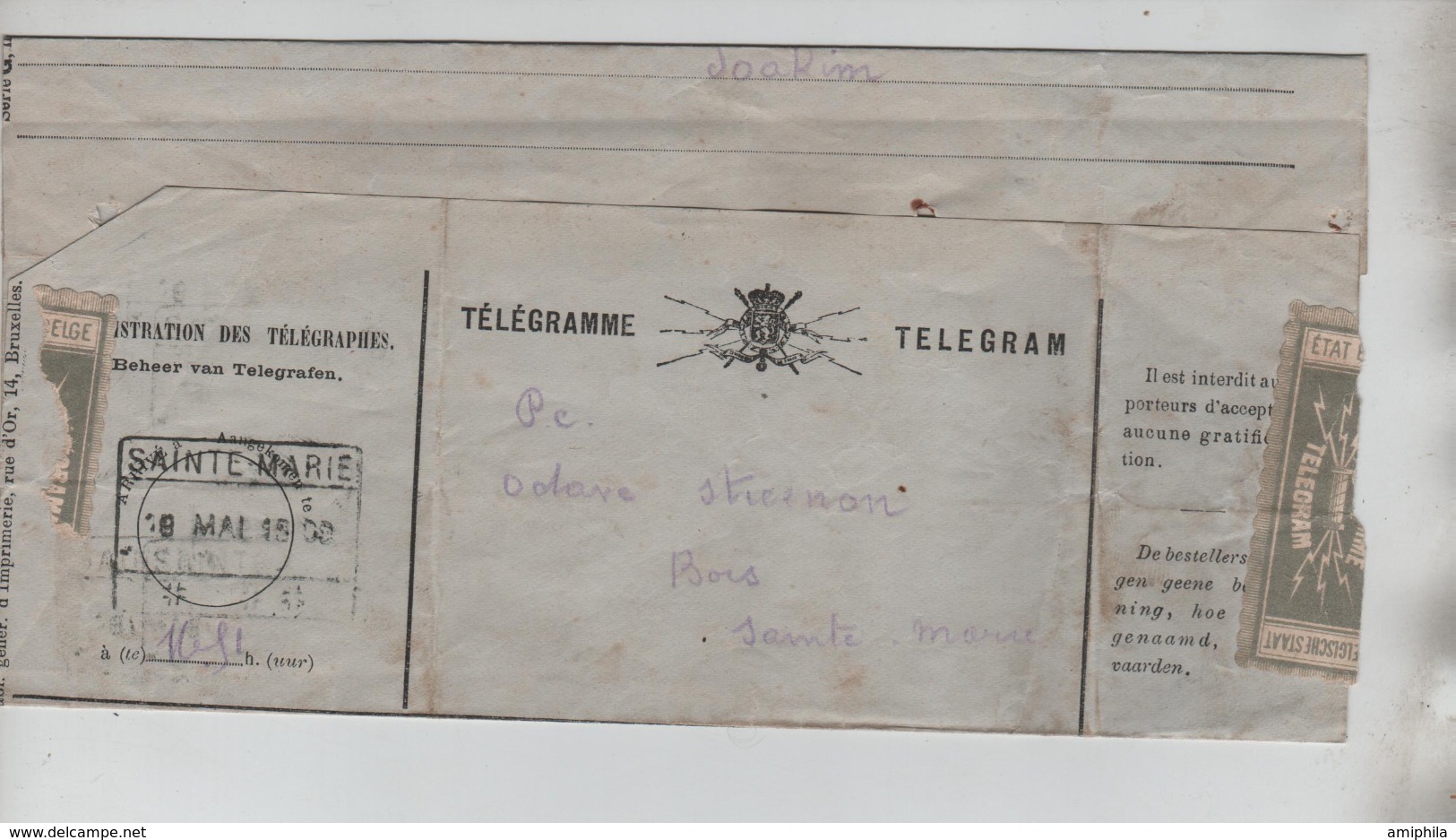 CBPN80/ Télégramme-Telegram Déposé à BXL Pour Sainte-Marie C.C.F. En Arrivée 18/5/1900 - Telegraph [TG]