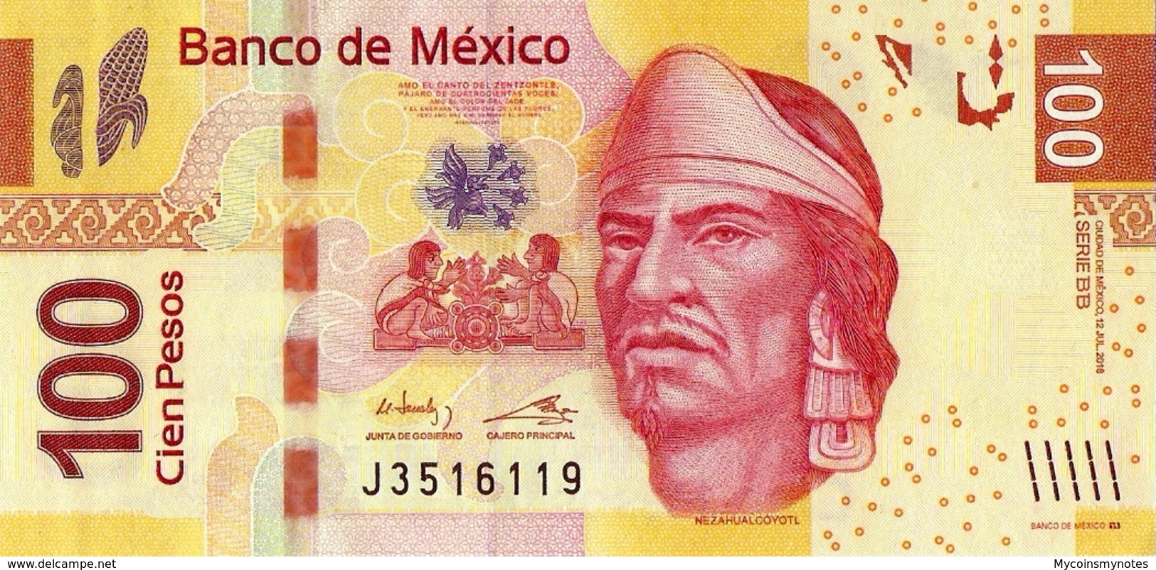 MÉXICO 100 Pesos, 2016, P124, Series BB, Nezahualcoyotl, UNC - Mexique