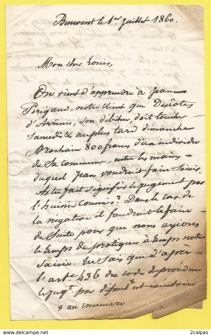 Lettre De 1860 Envoyée Par Un Habitant De Benevent L ' Abbaye ( Creuse ) Pour  Bourganeuf - Non Classificati