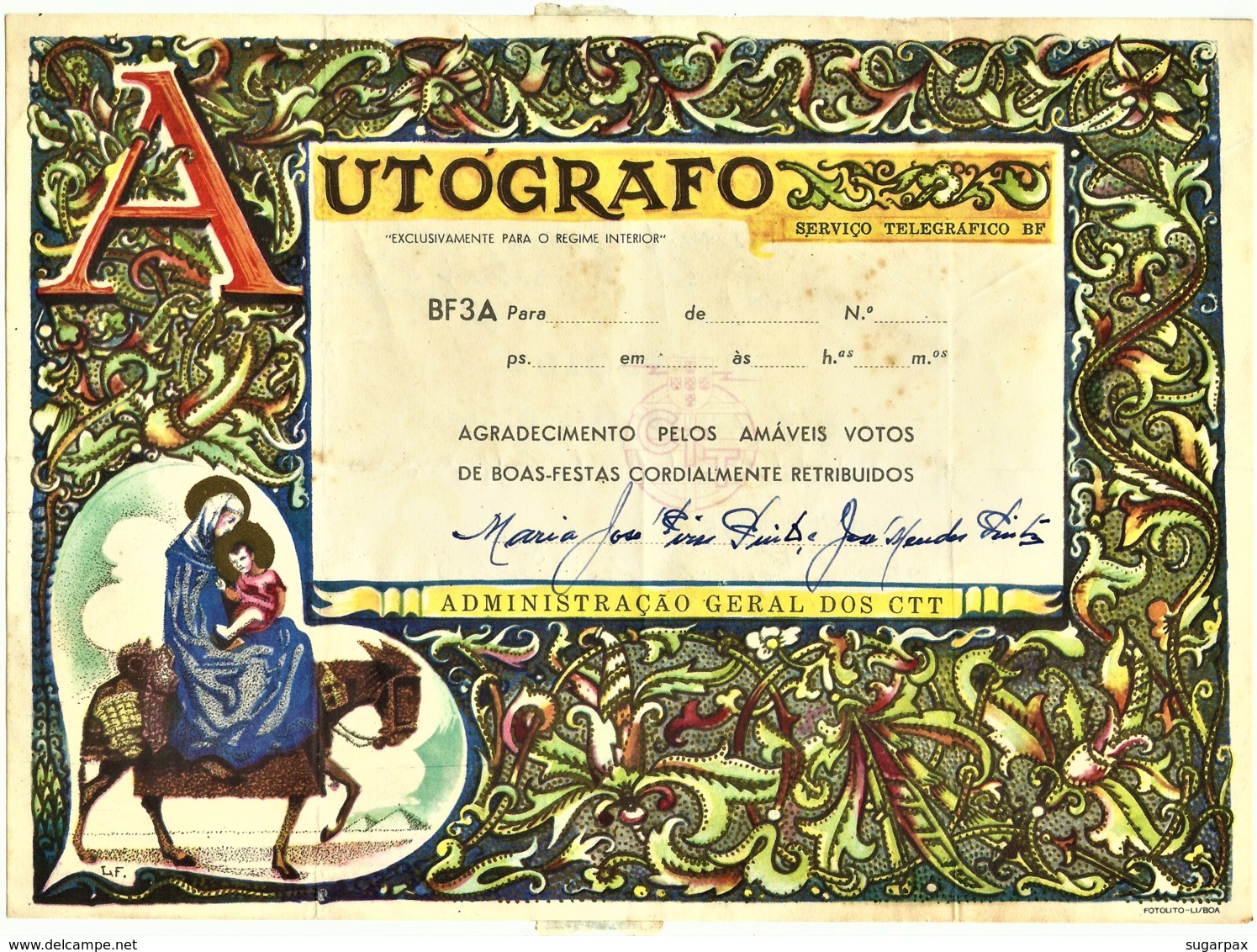 BF3A - AUTÓGRAFO - Serviço Telegráfico B. F. - AGRADECIMENTO PELOS AMÁVEIS VOTOS DE BOAS-FESTAS... - Portugal - Lettres & Documents