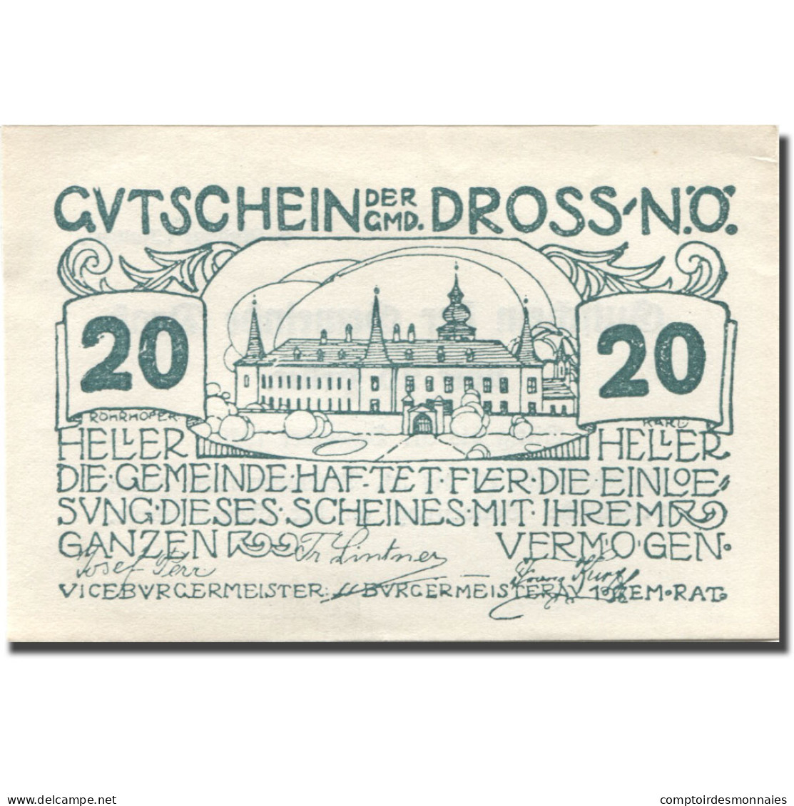 Billet, Autriche, Dross, 20 Heller, Château, 1920 Vert SPL Mehl:FS 135.3 - Austria
