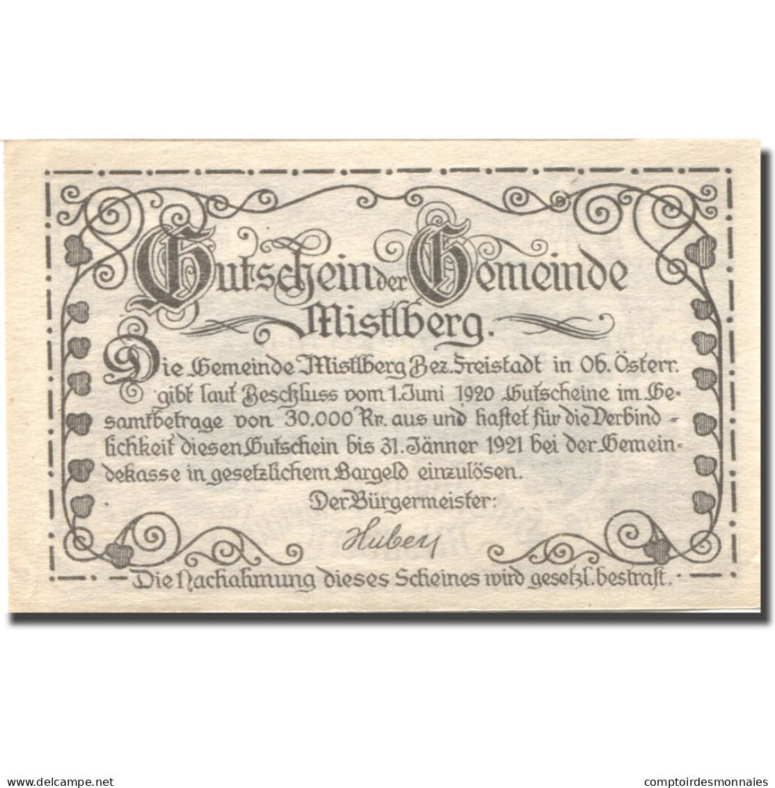 Billet, Autriche, Mistelberg, 20 Heller, Ferme 1921-01-31, SPL, Mehl:FS 302 - Autriche