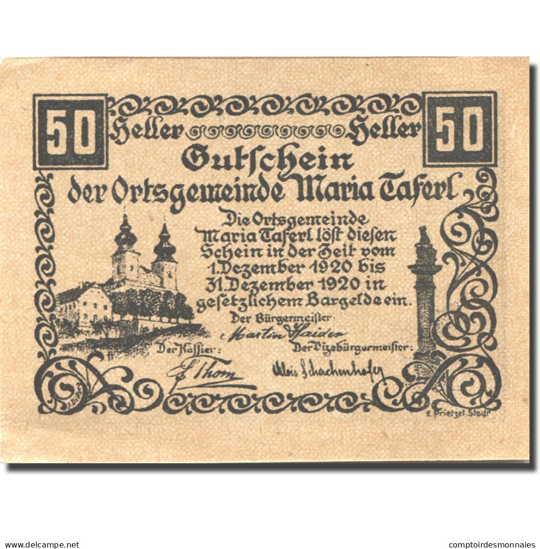 Billet, Autriche, Maria Taferl, 50 Heller, Eglise, 1920 SPL Mehl:FS 588 - Austria