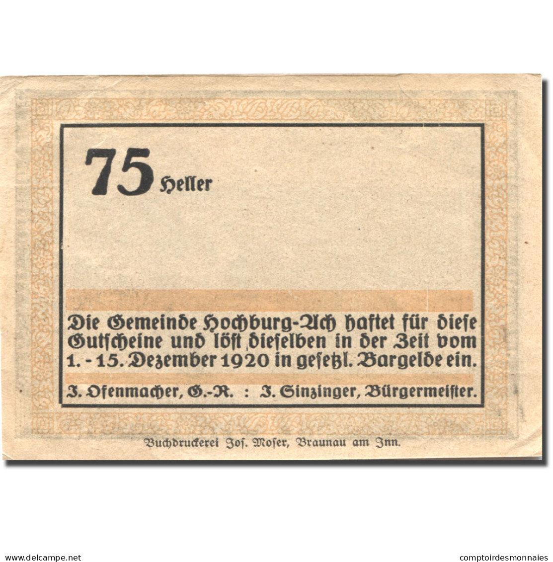 Billet, Autriche, Hochburg-Ach, 75 Heller, Château1920-12-15, SUP Mehl:FS 62 - Austria
