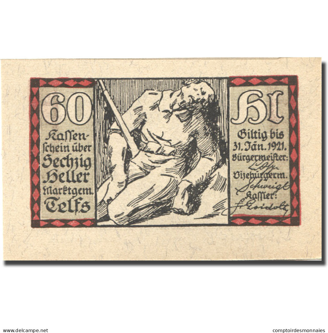 Billet, Autriche, Telfs, 60 Heller, Personnage 1921-01-31, SPL, Mehl:FS 1061d - Austria