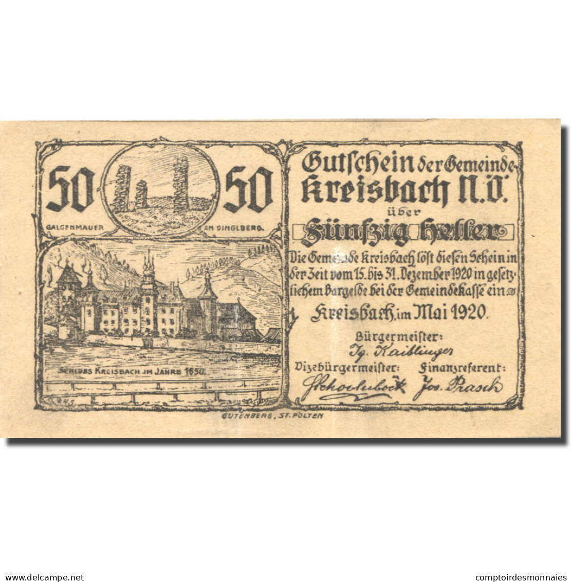 Billet, Autriche, Kreisbach, 50 Heller, Château 2, 1920 Jaune SUP Mehl:FS 386 - Oesterreich